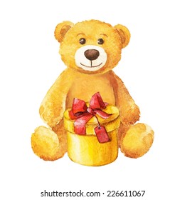 teddy bear sits and yellow gift  Watercolor  vector