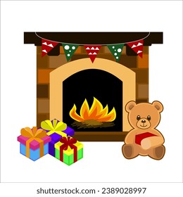 The teddy bear sitting in front of fireplace.