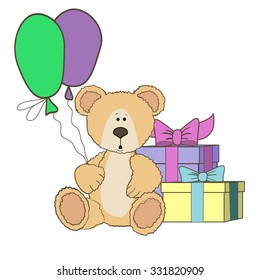 Teddy Bear is sitting with gift box on wite