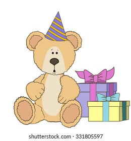 Teddy Bear is sitting with gift boxes on wite