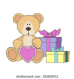 Teddy Bear is sitting with gift heart and gift boxes on wite