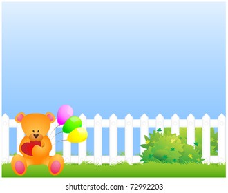 Teddy bear sitting in the grass near the fence with balloons and a heart