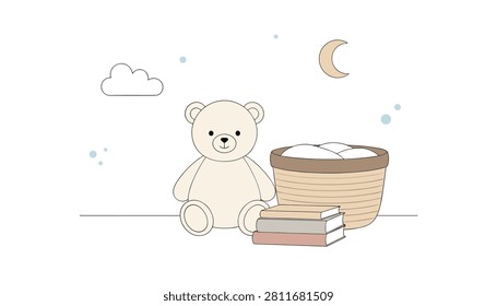 Teddy bear sitting next to a storage basket and stacked books under a crescent moon in a nursery room setting.
