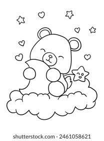 Teddy bear sitting on a cloud with stars. Coloring book for children