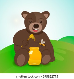 Teddy bear sitting on the grass and eating honey. Bee flying near the jars of honey. Bear eating honey in vector 