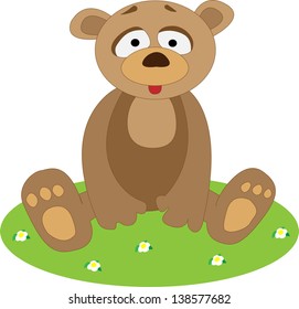Teddy bear sitting on meadow with flowers. Vector illustration