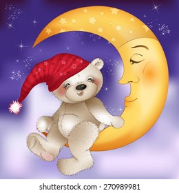 Teddy bear sitting on the moon. Vector illustration