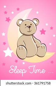 Teddy bear sitting on a moon with stars .