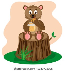 teddy bear sitting on a stump and eating honey 