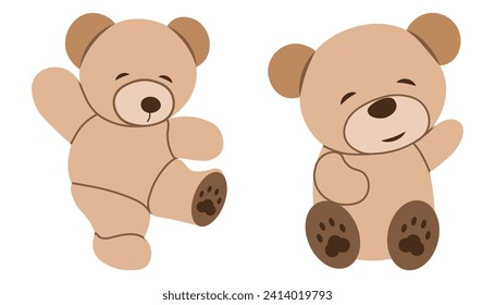 Teddy bear sitting and standing flat illustration. Cute soft toy.