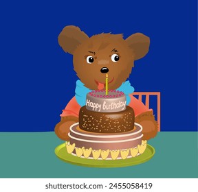 Teddy bear is sitting at the table with a festive cake with a lighted candle in front of him. 