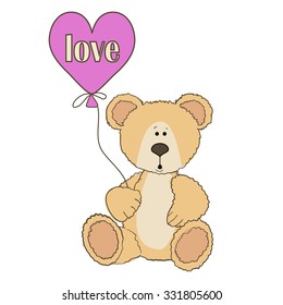 Teddy Bear is sitting with two balloon in heart shape on white