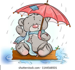 Teddy bear sitting under an umbrella. Background color
