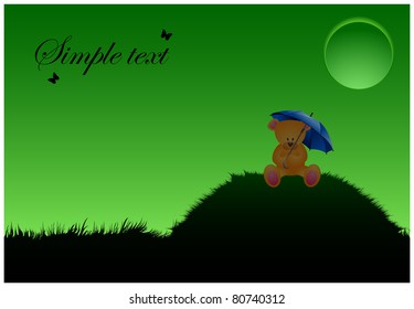 Teddy bear sitting under an umbrella at night meadow