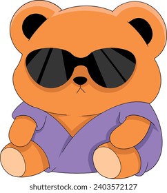 teddy bear sitting wearing a purple shirt and sunglasses, creative illustration design