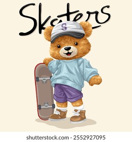 Urso de pelúcia com skate e tampa sob "Skaters" Texto, ilustração vetorial