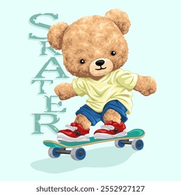 Teddy Bear Patinação no Skate com "Skater" Texto, ilustração vetorial