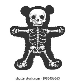 teddy bear skeleton line art sketch engraving vector illustration. T-shirt apparel print design. Scratch board imitation. Black and white hand drawn image.