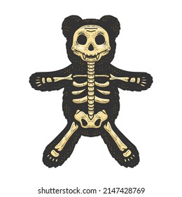 teddy bear skeleton line art color sketch engraving vector illustration. T-shirt apparel print design. Scratch board imitation. Black and white hand drawn image.