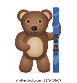 Teddy bear with ski on a white background. Vector illustration.