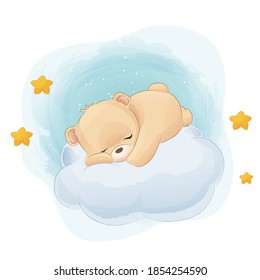 teddy bear sleep cartoon illustration, watercolor animals Isolated on white background, for cover book, print, baby shower, nursery decorations, birthday invitations, poster, greeting card,