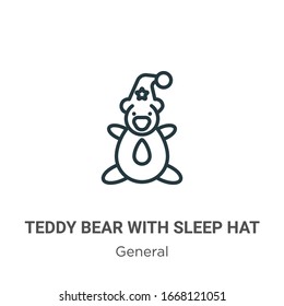 Oso de peluche con el icono del contorno vectorial. Oso de peluche negro de línea delgada con icono de sombrero dormido, ilustración de elemento simple vector plano del concepto general editable trazo aislado en fondo blanco