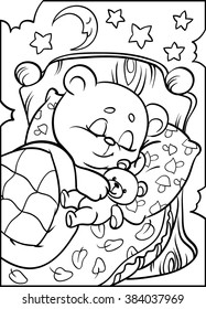 Teddy bear sleeping in bed. Cartoon vector illustration. Coloring. Isolated stroke on white background.