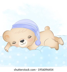 Oso de peluche durmiendo sobre fondo de la ilustración de la acuarela azul