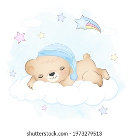 Teddy bear sleeping on the cloud blue watercolor background