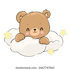 Teddy Bär schlafen auf Wolke, Vektorillustration, Handgezeichneter niedlicher Print für Baby, Kinderdruckdesign für Schlafanzüge