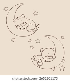  Urso de pelúcia dormindo em lua crescente com estrelas. Bonito bebê viveiro ilustração vetor mão desenhada