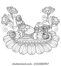 Teddy bear sleeping on a flower hand drawn for adult coloring book