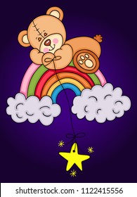 Teddy bear sleeping on rainbow
