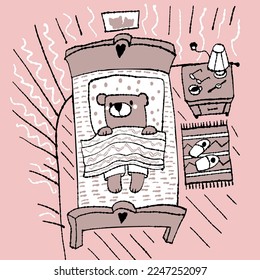 Teddy bear sleeps from his bed. Vector illustration