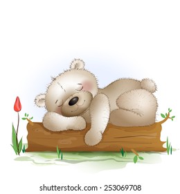 The Teddy bear sleeps on the tree. Vector illustration