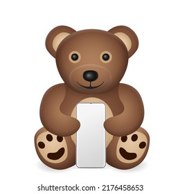 Teddy bear with smartphone on a white background. Vector illustration.