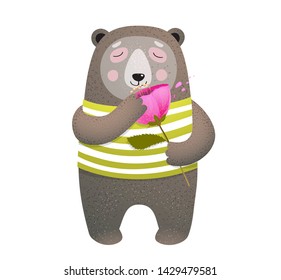 Teddy Bear Smelling a Poppy Flower. Cute bear animal in clothes holding flower greeting card design. Hand drawn watercolor style vector illustration.