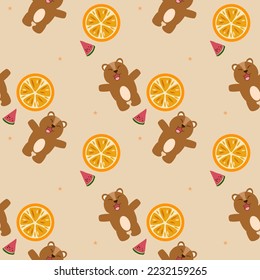 Teddy bear smile cartoon so cute.on orange watermelon star background.pattern seamless vector illustration. 