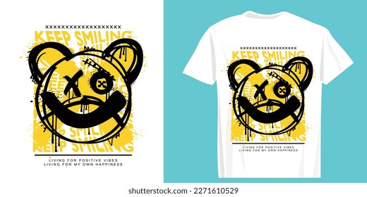 Teddy bear smiling emoji face drawing. Grunge wavy text. Vector illustration design for fashion graphics, t shirt prints.