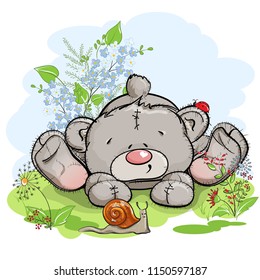 Teddy bear and snail in the meadow. There are flowers everywhere.