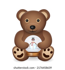 Teddy bear with snow globe on a white background. Vector illustration.