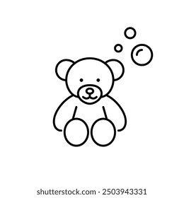 Teddy bear and soap bubbles. Gentle baby clothes washing. Pixel perfect vector icon