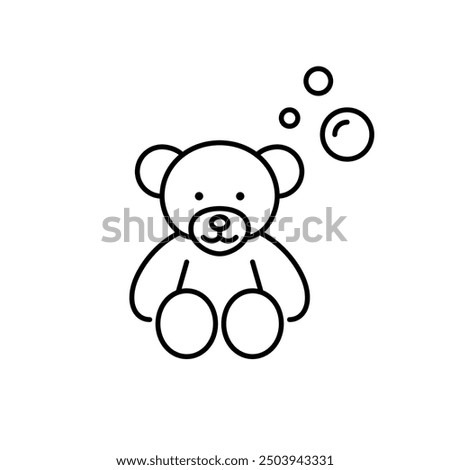 Teddy bear and soap bubbles. Gentle baby clothes washing. Pixel perfect vector icon