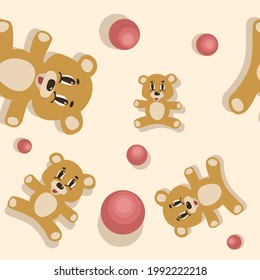 The teddy bear is a soft brown color on a light beige background with shadows and red balls that are in harmony with the bear.