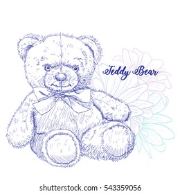 Teddy bear - soft toy, great gift for a child. Teddy bear sits on a background of flowers. The neck bears tied the bow. Vector illustration. Pencil sketch. Template for creating greeting cards.