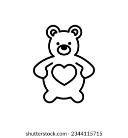Teddy bear soft toy with heart line icon, outline vector sign, linear pictogram isolated on white. Symbol, logo illustration