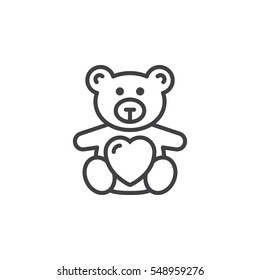 Juguete suave de oso de peluche con icono de línea cardíaca, símbolo vector contorno, pictograma lineal aislado en blanco. Símbolo, ilustración de logotipo