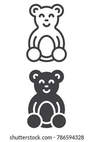 Teddy bear soft toy icon, line and solid version, outline and filled vector sign, linear and full pictogram isolated on white. Symbol, logo illustration. Pixel perfect vector graphics