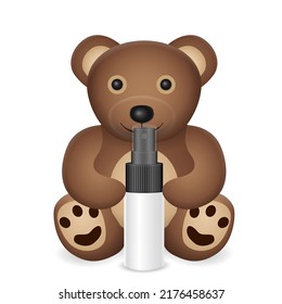 Teddy bear with spray bottle on a white background. Vector illustration.