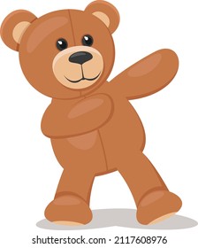Teddy bear stands and shows on a white background. Soft toy